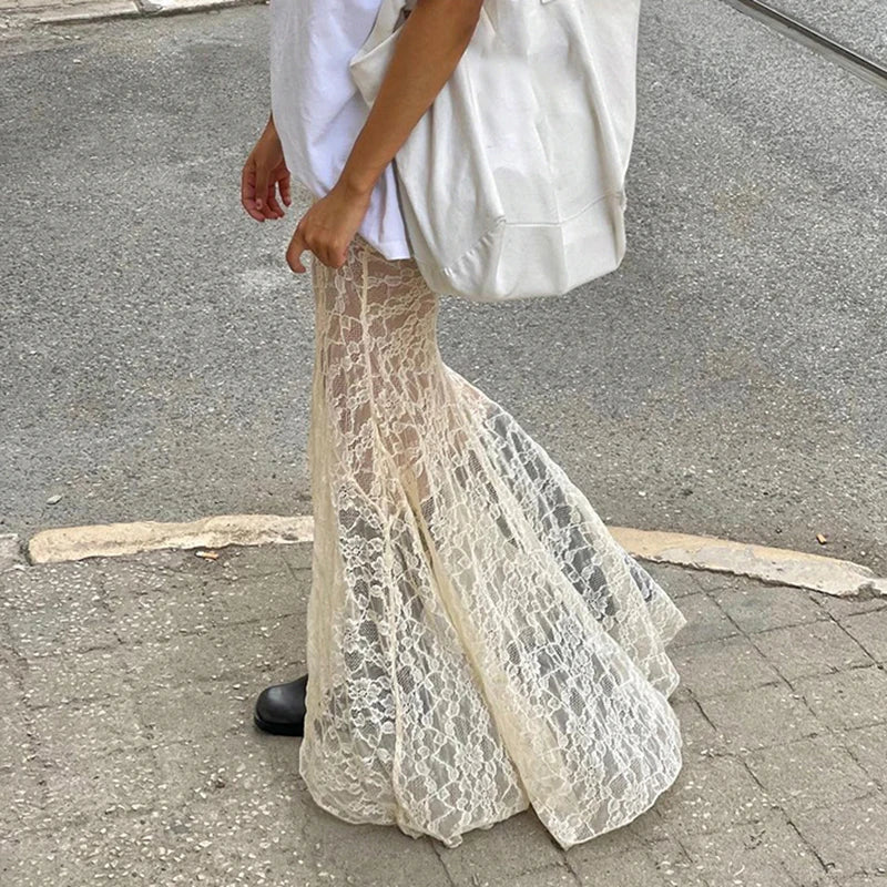 Fairycore Chic Fold Elegant Long Skirt Female Low Waisted Fashion Asymmetrical Lace Skirt Slim Two Pieces Outfits