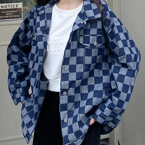 Load image into Gallery viewer, Autumn Black Denim Coat Women Korean New Chessboard Checker Casual Loose Retro Blue Jacket Top Woman High Street Chic
