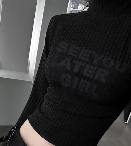 Casual Black Bodycon Knitted Autumn Tee Pullover Slim Letter Printed Turtleneck T shirt Female Cropped Top Clothing