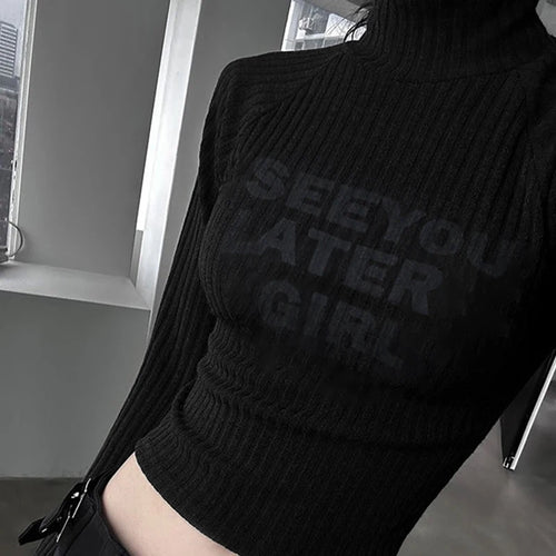 Load image into Gallery viewer, Casual Black Bodycon Knitted Autumn Tee Pullover Slim Letter Printed Turtleneck T shirt Female Cropped Top Clothing
