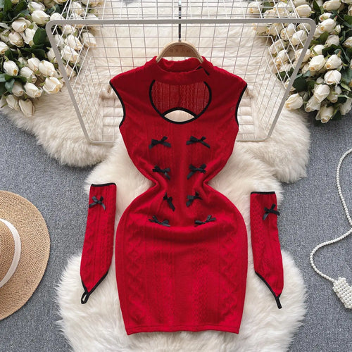 Load image into Gallery viewer, Christmas Atmosphere Sweet Party Sexy Club Women Wrapped Hip Short Dress Spring Summer Red Patchwork Hollow Out Bow Short Dress
