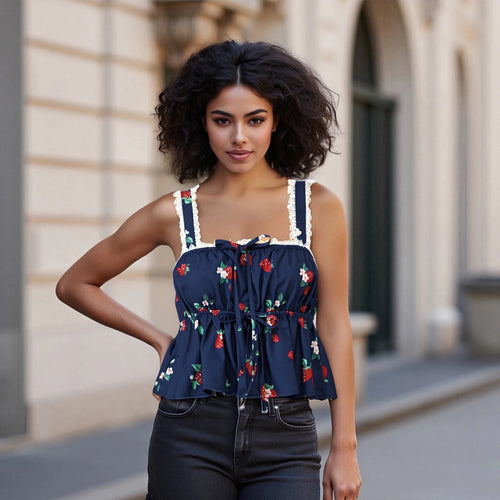 Load image into Gallery viewer, Strawberry Crop Top y2k Women Vest Lace Trim Tanks Tie-up Square Neck Sleeveless Open Back T Shirts 2000s Streetwear
