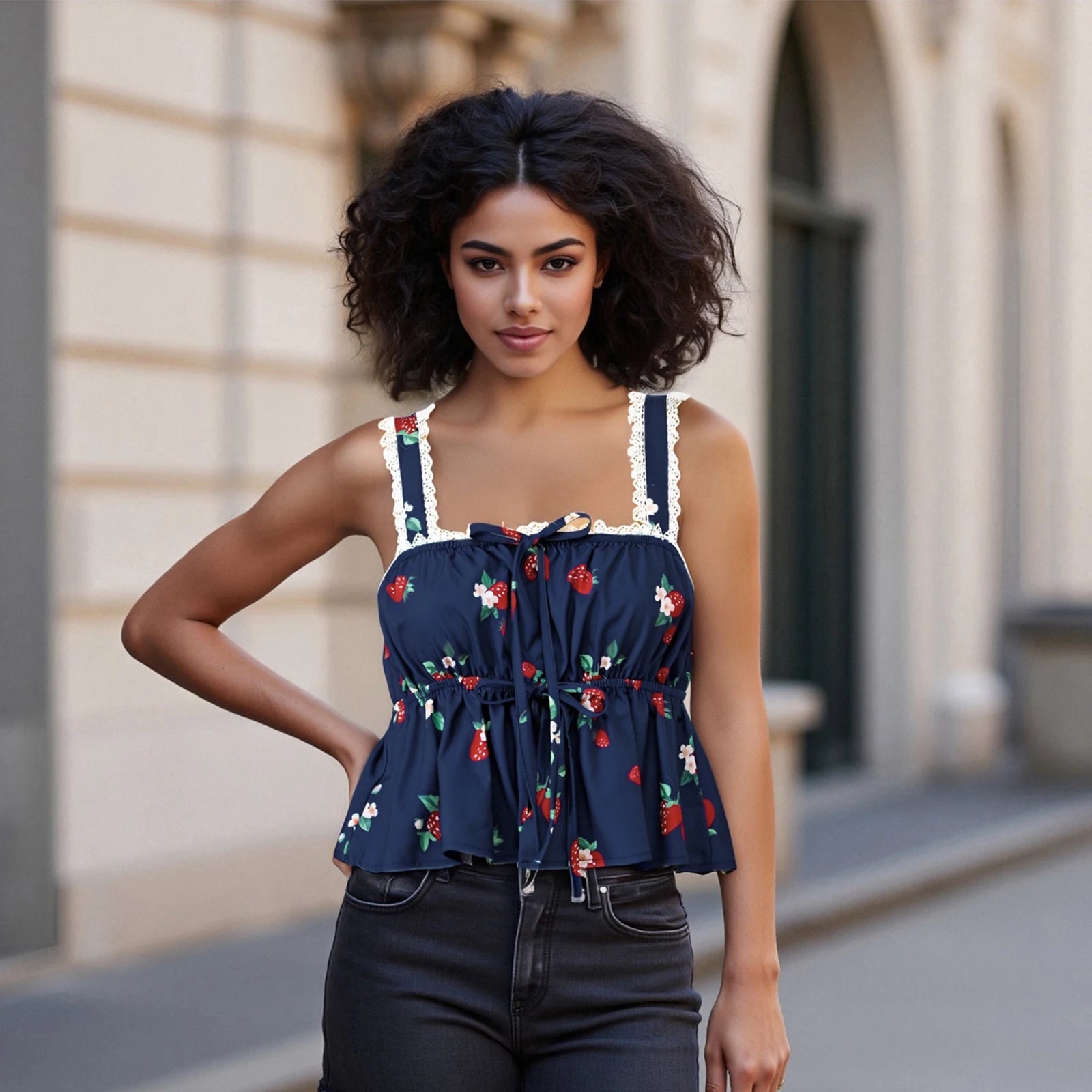 Strawberry Crop Top y2k Women Vest Lace Trim Tanks Tie-up Square Neck Sleeveless Open Back T Shirts 2000s Streetwear