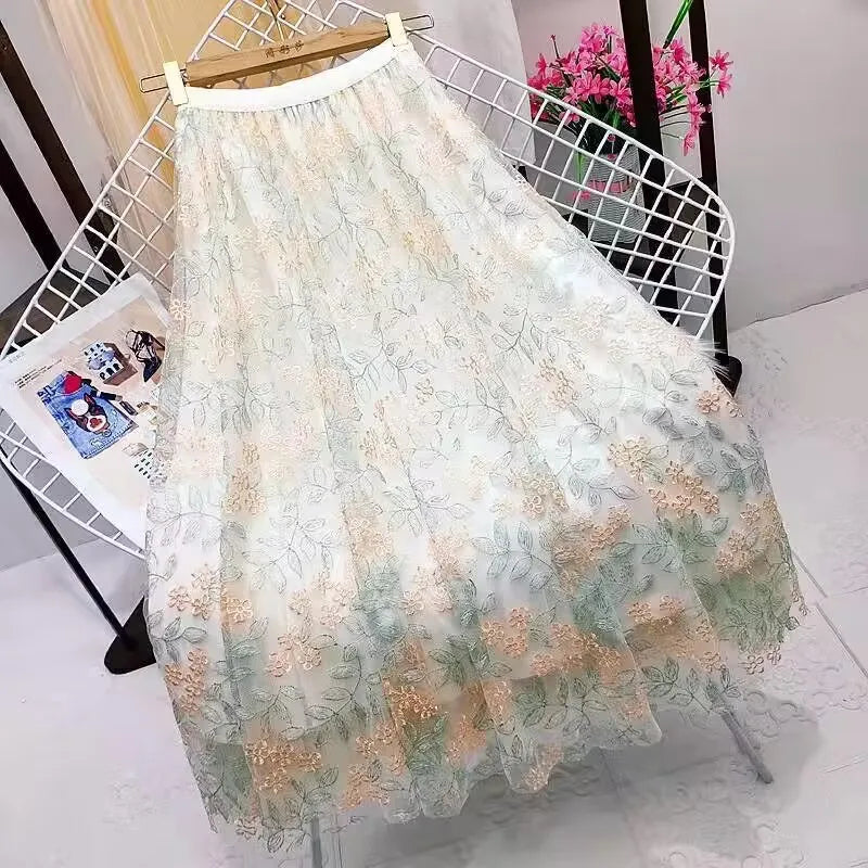 Elastic High Waist Skirt Ladies Summer Vintage Jacquard Butterfly Tulle Skirts Womens Fashion Embroidery Mesh Midi Skirt Women