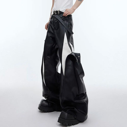 Load image into Gallery viewer, Pleated Men&#39;s PU Leather Pants Personality Contrast Color Metal Button Design Male Wide Leg Trousers Punk Spring 9C4724
