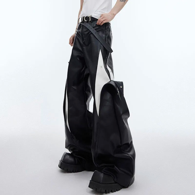 Pleated Men's PU Leather Pants Personality Contrast Color Metal Button Design Male Wide Leg Trousers Punk Spring 9C4724