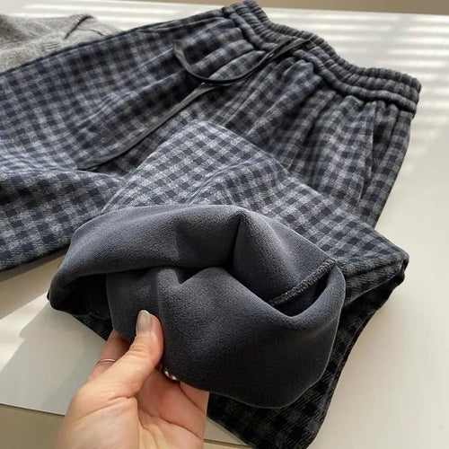 Load image into Gallery viewer, Retro Black Blue Plaid Drawstring Lace-up Thick Wide Leg Pant Winter High Waist Casual Loose Pleated Straight Trousers Street
