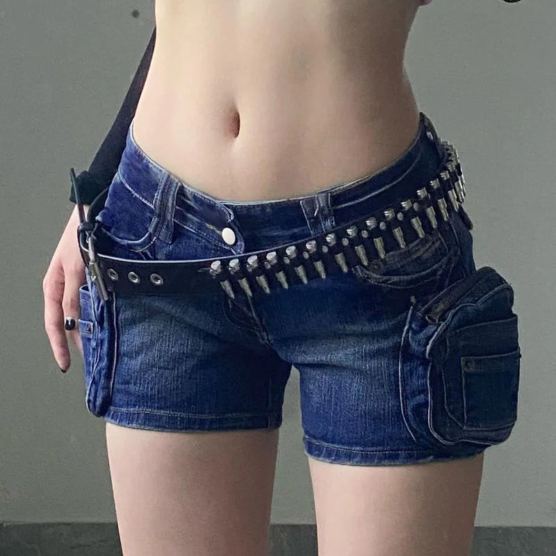Streetwear Skinny Low Rise Summer Denim Shorts Cargo Style Retro Y2K Moto Style Pockets Hotpants Short Jeans Outfits