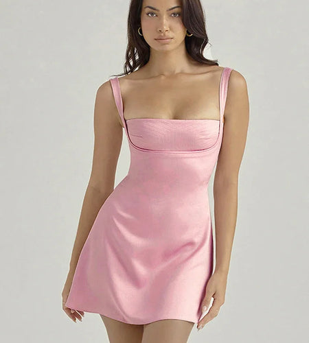 Birthday Dress For Women A-Line Pink Dress Sexy Satin Holiday Party Dresses Mini Casual Spaghetti Strap Graduation Dress Stretch