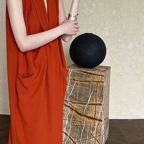 Load image into Gallery viewer, Women Orange Pocket Knot Elegant  Long Big Size Dress New V-Neck Sleeveless Fashion Tide Spring Summer 2025 1DH6380
