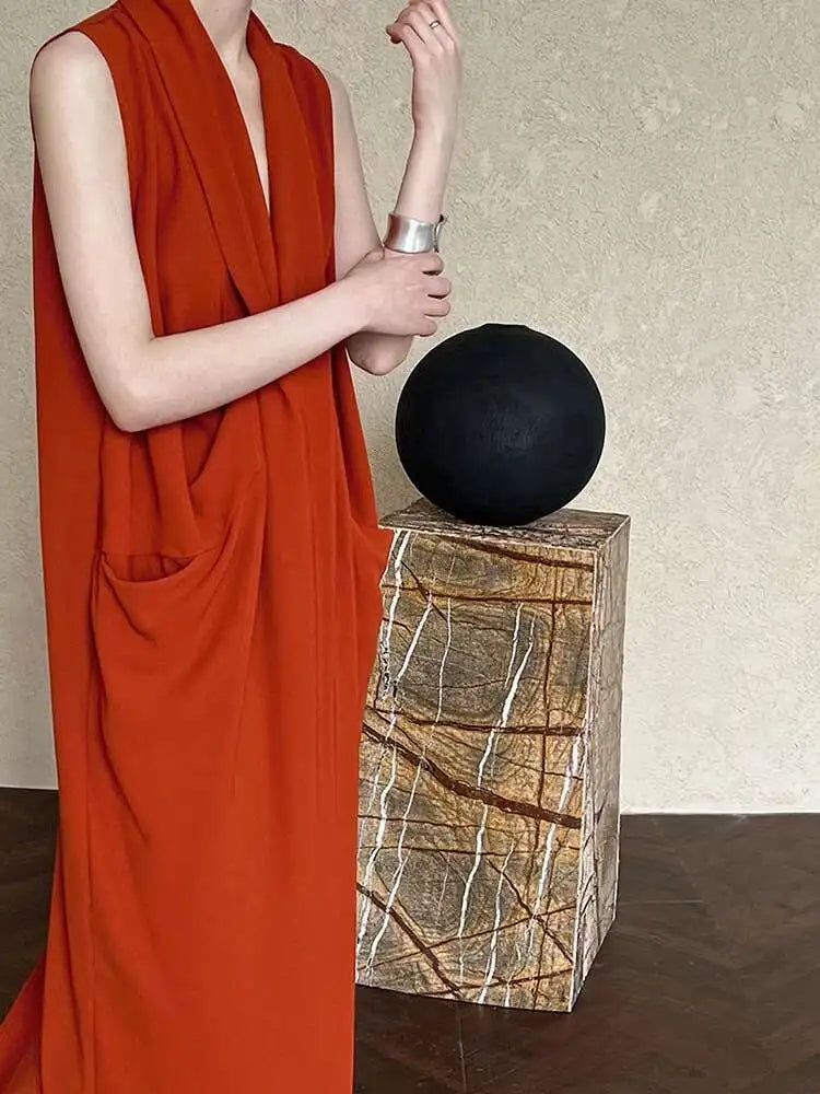 Women Orange Pocket Knot Elegant  Long Big Size Dress New V-Neck Sleeveless Fashion Tide Spring Summer 2025 1DH6380