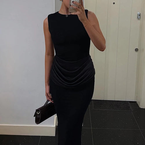 Load image into Gallery viewer, Sleeveless Ruched Sexy Maxi Dress For Women Gown Fashion Black O Neck High Waist Bodycon Club Party Long Dress Vestido
