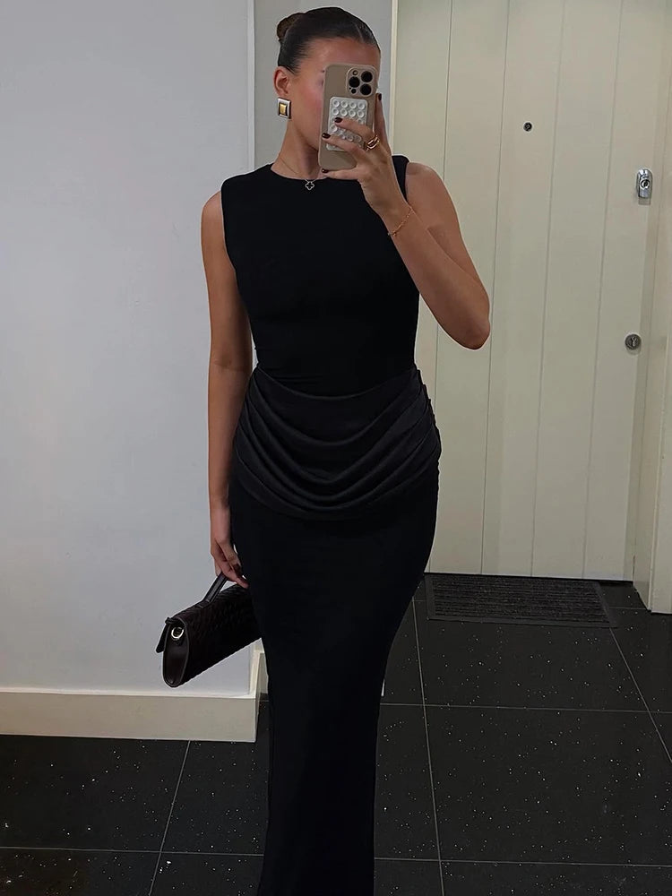 Sleeveless Ruched Sexy Maxi Dress For Women Gown Fashion Black O Neck High Waist Bodycon Club Party Long Dress Vestido