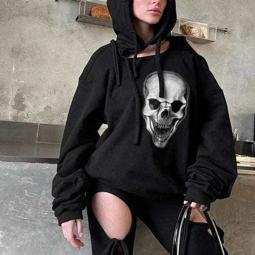 Load image into Gallery viewer, Skull Print Black Graphic Hoodies Cyberpunk Hollow Oversized Hooded Sweatshirts Gothic Clothes Pullovers Women P85ED56
