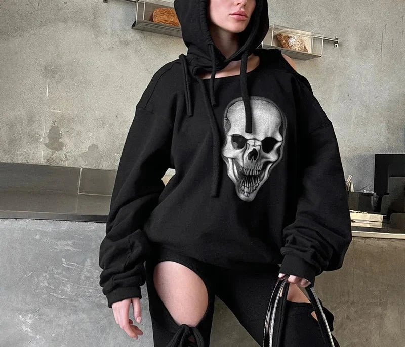 Skull Print Black Graphic Hoodies Cyberpunk Hollow Oversized Hooded Sweatshirts Gothic Clothes Pullovers Women P85ED56