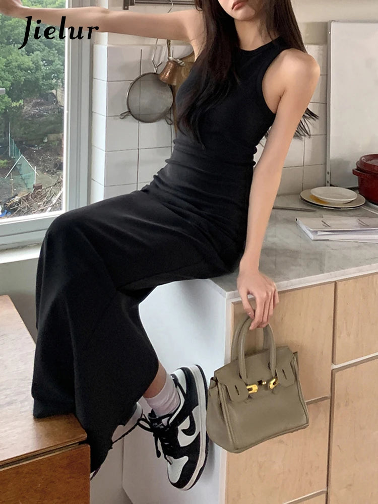 Letter Print Black Women's Dresses Sleeveless Slim O-neck Solid Color Elegant Maxi Dress Summer Casual Fashion Dress