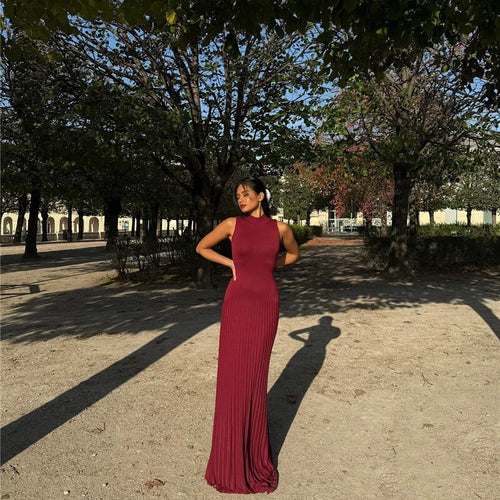 Load image into Gallery viewer, Half High Collar Sleeveless Knit Maxi Dress For Women Fashion Solid Bodycon Sexy Pleated Long Knitted Sweater Dress
