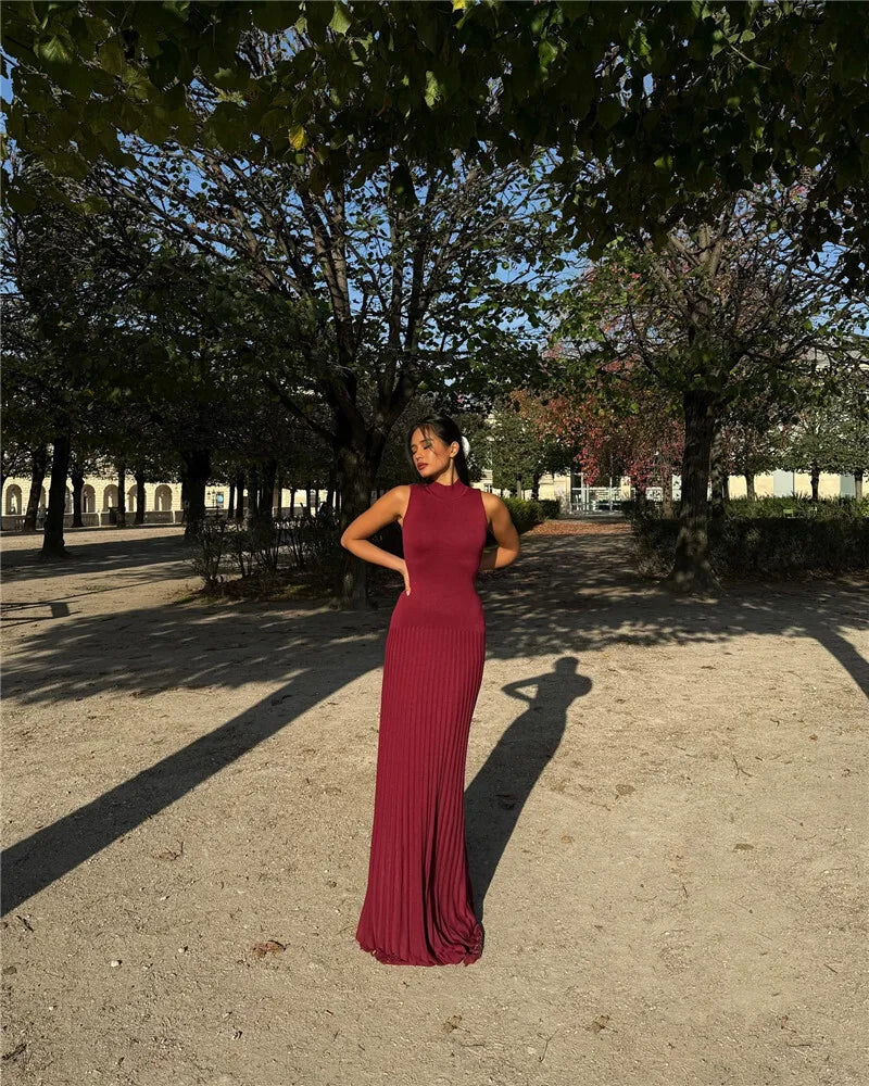 Half High Collar Sleeveless Knit Maxi Dress For Women Fashion Solid Bodycon Sexy Pleated Long Knitted Sweater Dress