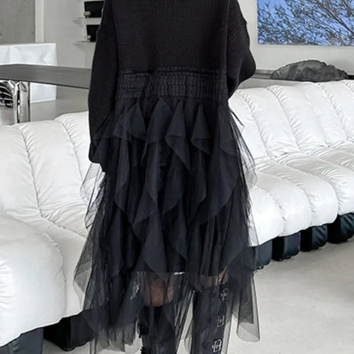 Load image into Gallery viewer, Women Black Big Size Knitting Mesh Irregular Sweater Dress New V-Neck Long Sleeve Fashion Spring Autumn 2025 1DH2366
