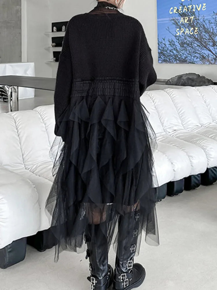 Women Black Big Size Knitting Mesh Irregular Sweater Dress New V-Neck Long Sleeve Fashion Spring Autumn 2025 1DH2366