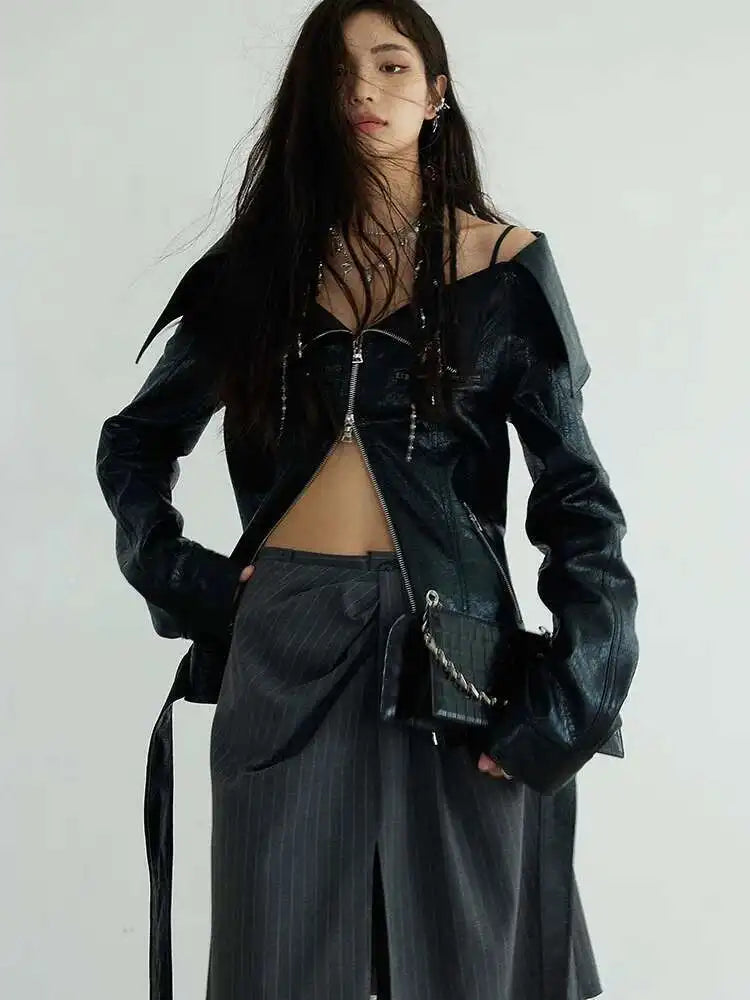 High Waist Gray Striped Lace Irregular Long Wide Leg Pants New Trousers Women Fashion Tide Spring Autumn 2025 1DH7081