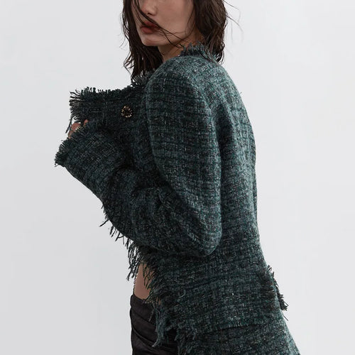 Load image into Gallery viewer, Green Irregular Hem Burr Vintage Tweed Jacket New V-neck Long Sleeve Women Coat Fashion Tide Spring Autumn 2025 1DH4720
