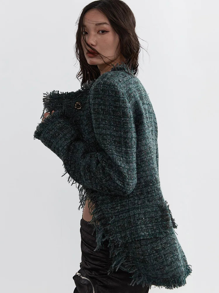 Green Irregular Hem Burr Vintage Tweed Jacket New V-neck Long Sleeve Women Coat Fashion Tide Spring Autumn 2025 1DH4720
