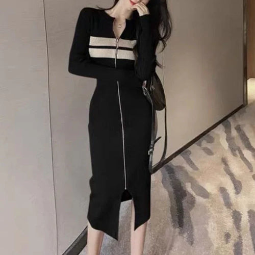 Load image into Gallery viewer, Offcie Ladies Bodycon Knit Dress Women Y2k Casual Korean Fashion Kpop Wrap Slim Zip Dresses Sheath Spring Autumn
