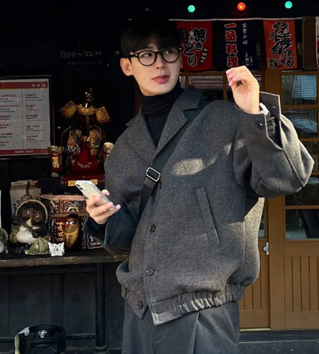 Woolen Turn-down Men's Vintage Coat Fashion Pockets Solid Color Male Loose Korean Style Male Jacket 2024 Winter 9C8783