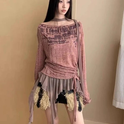 Load image into Gallery viewer, Vintage Patchwork Irregular Ruffled Tops Women Slash Neck Harajuku Drawstring Tshirts Y2k Aesthetic Letter Print Grunge T-shirts
