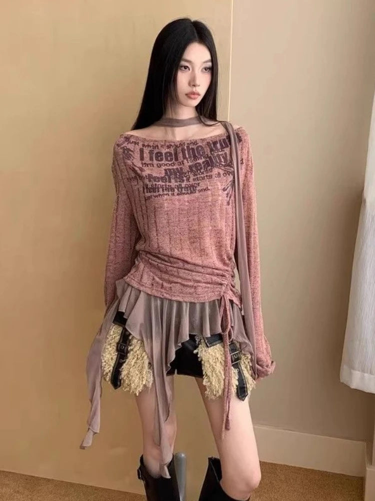 Vintage Patchwork Irregular Ruffled Tops Women Slash Neck Harajuku Drawstring Tshirts Y2k Aesthetic Letter Print Grunge T-shirts