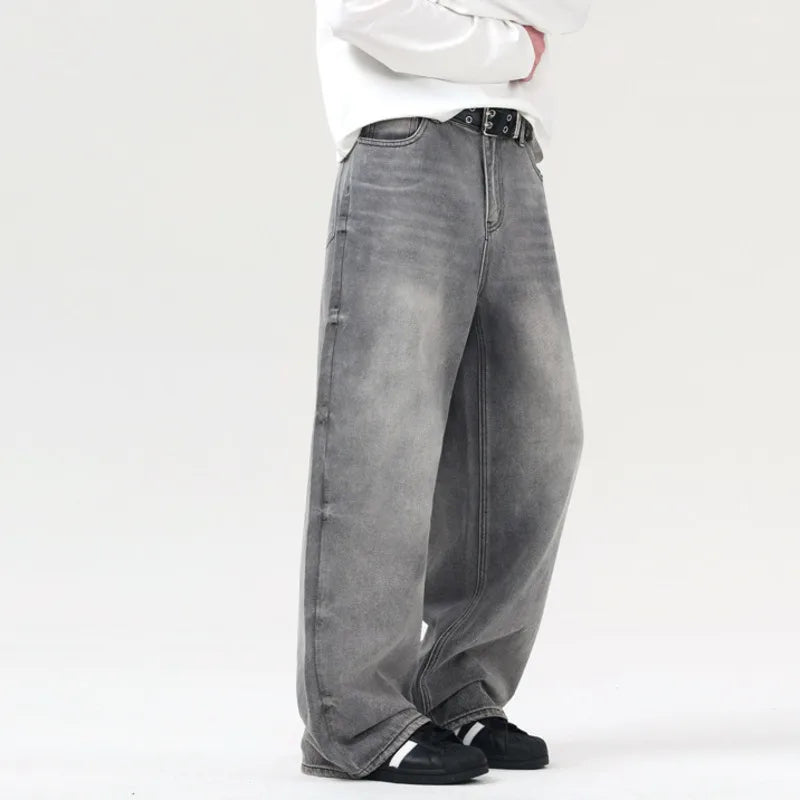 Men's Jeans New American Style Solid Color Loose Cleanfit Trendy Straight Wide Leg Male Denim Trousers Summer 2025 9W1308