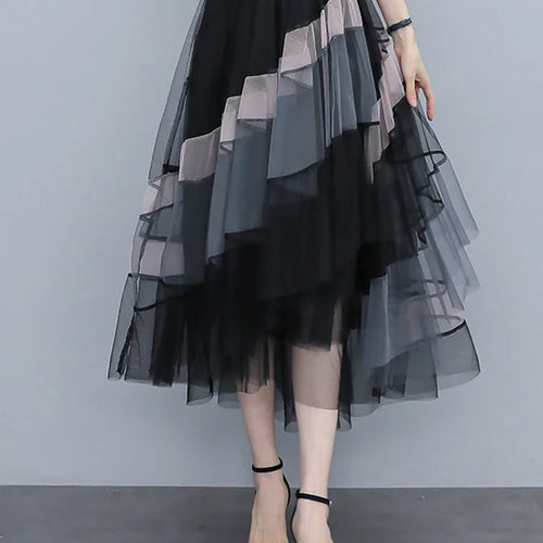 Load image into Gallery viewer, Fashion Patchwork Tulle Long Skirt Women 2023 Spring Summer Elegant High Street Mesh High Waist Pleated Midi Skirt Female
