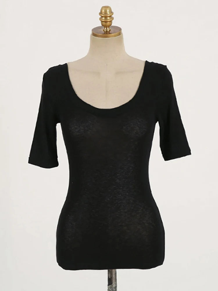 New 2024 Summer Sexy Slim Cotton Bottoming T Shirt Women O-Neck Casual Tshirts Korean Style Tee Shirt Female Strecth Black Tops