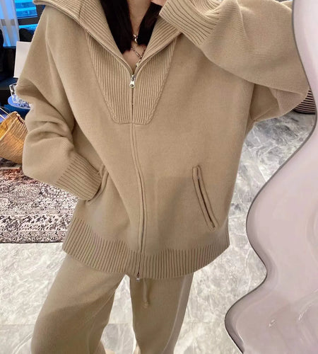 Autumn Winter Women Knitted Two Pieces Set Beige Brown Zipper Sweater Tops And High Waist Drawstring Wide Leg Pant Fashion Trend