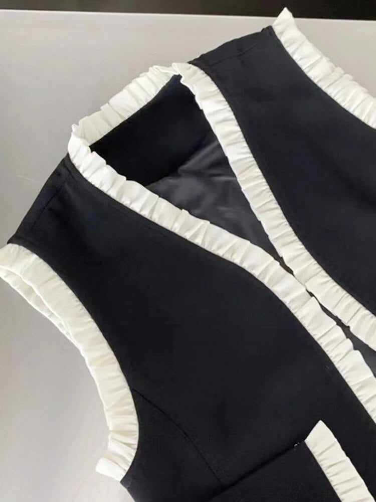 Frill Trim Vest Jacket For Women V Neck Sleeveless Patchwork Colorblock Vests Female Clothing Summer Style