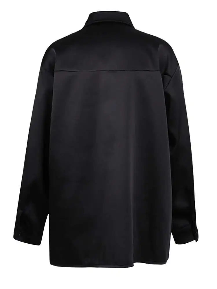 Women Black Pearl Nailed Big Size Elegant Blouse New Lapel Long Sleeve Shirt Fashion Tide Spring Autumn 2025 CPG2792