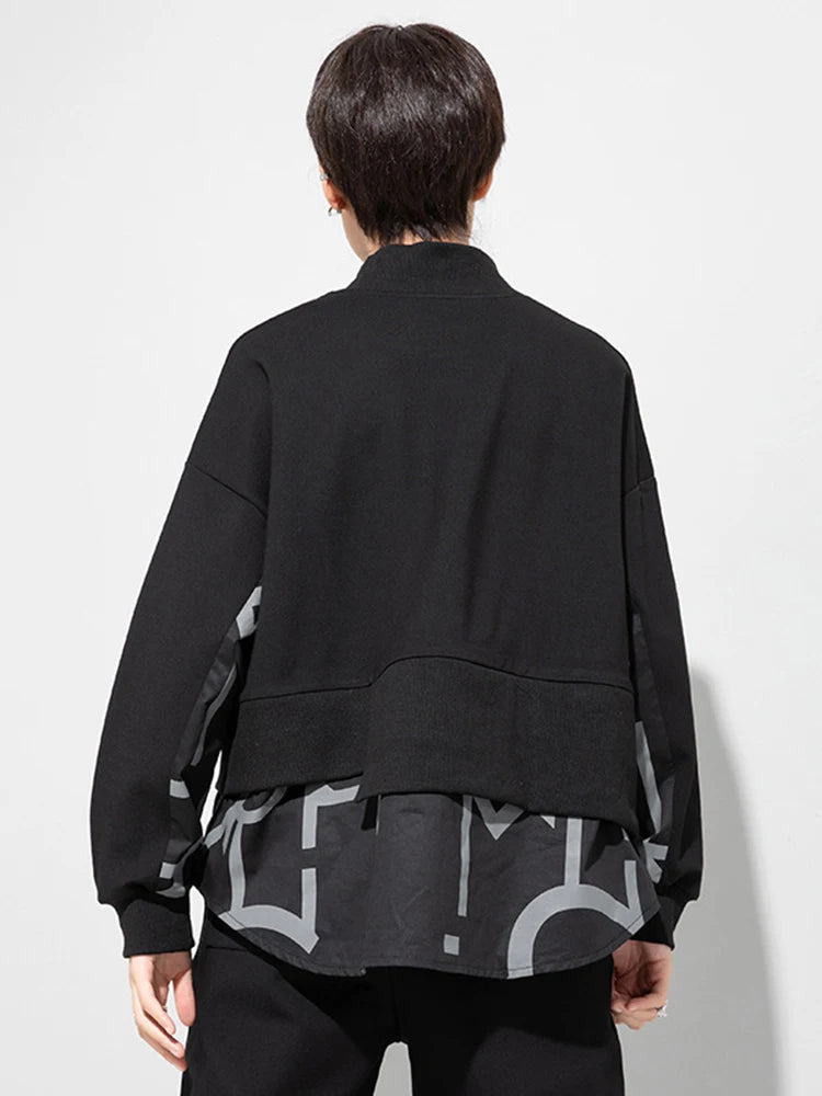 Women Big Size White Letter Iregular Spliced T-shirt New Stand Collar Long Sleeve  Fashion Tide Spring Autumn 2025 1DD0232