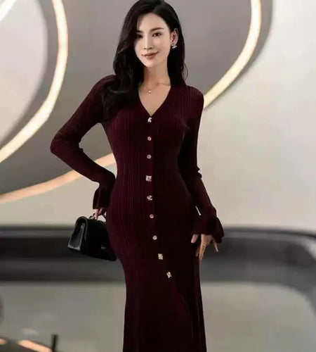 Korean Fashion Women's Black Beige Long Sleeve V Neck Knitted Dress 2024 Autumn Winter New Red Single Breasted Fishtail Dresses