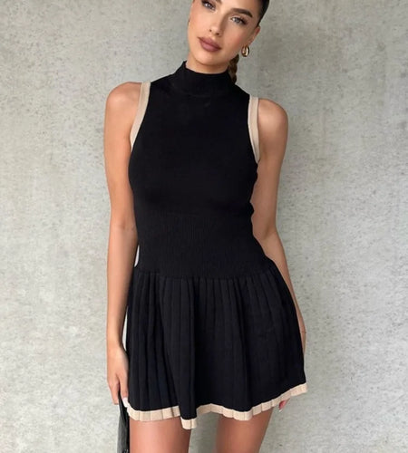 Half High Collar Sleeveless Sexy Mini Dress For Women Fashion Autumn New Solid A-line High Waist Bodycon Tank Dress