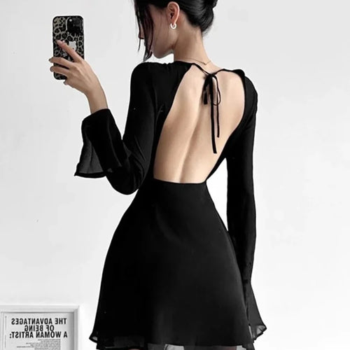 Load image into Gallery viewer, Sexy Backless Black Party Short Dresses Women Mesh Lace Up Flare Long Sleeve Mini Dress Wrap Slim Spring Fashion
