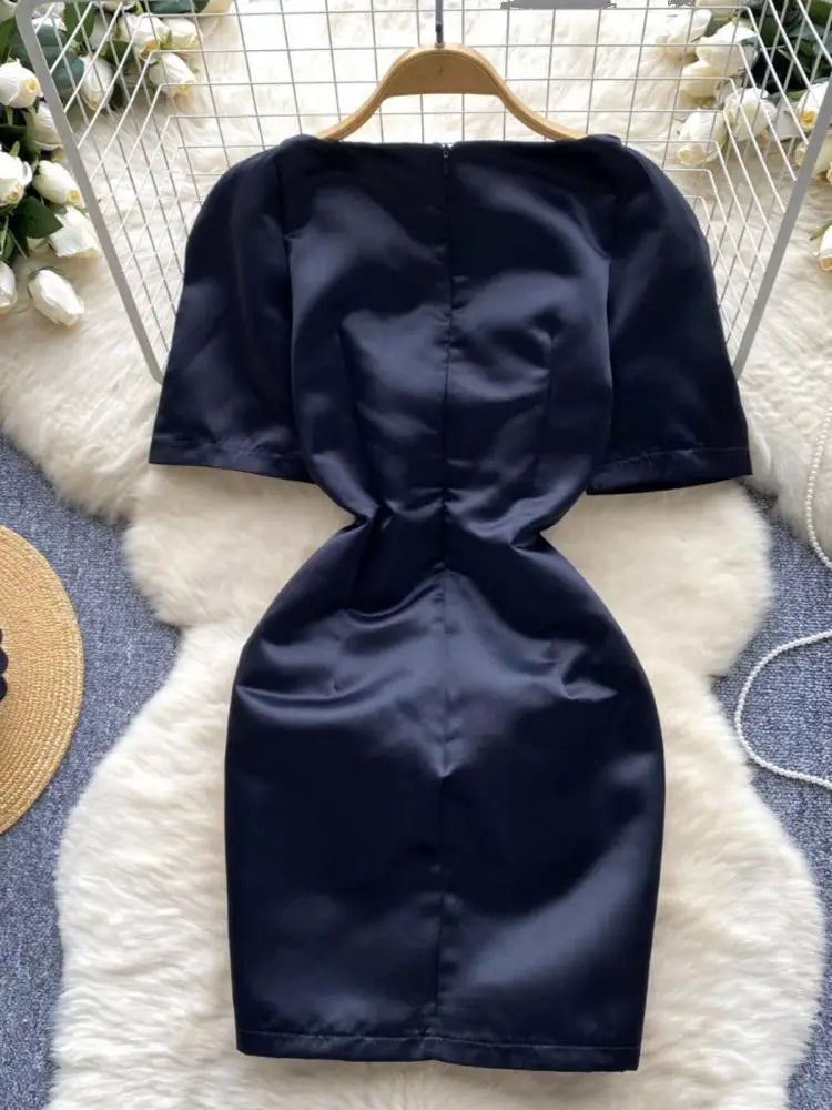 Summer French Black Temperament Mini Dress Women Elegant V Neck Short Sleeve Slim Chic Wrapped Hip Dress Korean Simplicity Trend