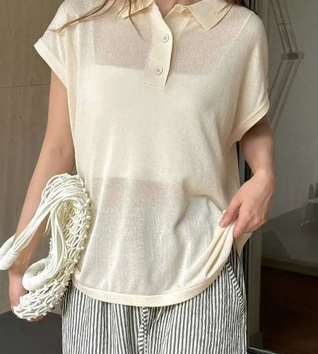 Women Apricot Thin Knitting Perspective Big Size T-shirt New Lapel Short Sleeve Fashion Tide Spring Summer 2025 1DH6129