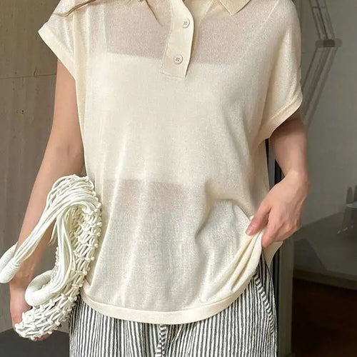 Load image into Gallery viewer, Women Apricot Thin Knitting Perspective Big Size T-shirt New Lapel Short Sleeve Fashion Tide Spring Summer 2025 1DH6129
