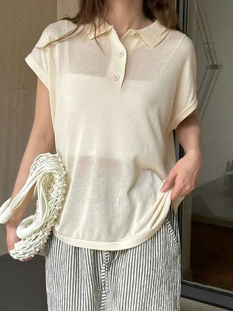 Women Apricot Thin Knitting Perspective Big Size T-shirt New Lapel Short Sleeve Fashion Tide Spring Summer 2025 1DH6129
