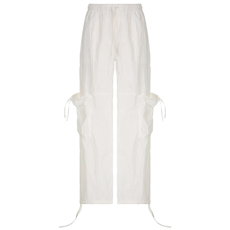 Casual White Drawstring Ribbon Cargo Trousers Women Harajuku Korean Straight Baggy Pants Pockets Tech Sporty Outfits