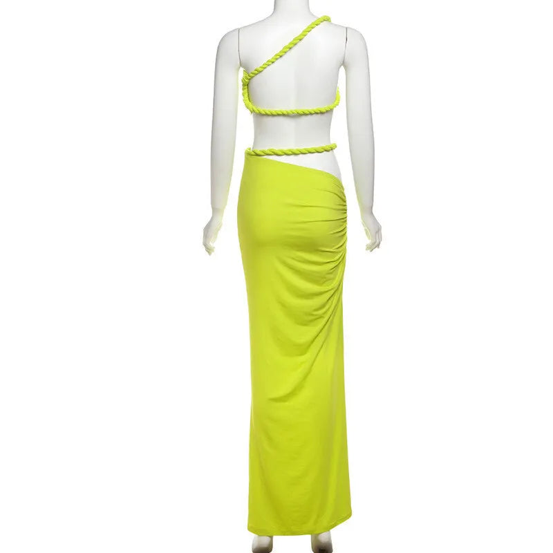 Green Sexy Two Piece Sets Women Oblique Shoulder Crop Tops And Maxi Skirt Female Thigh High Split Ruched Long Dress