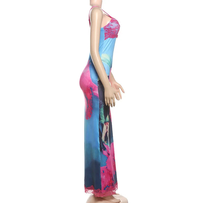 Spaghetti Strap Print Sexy Maxi Dress For Women Fashion Sleeveless Backless Bodycon Club Printed Long Dress Elegant