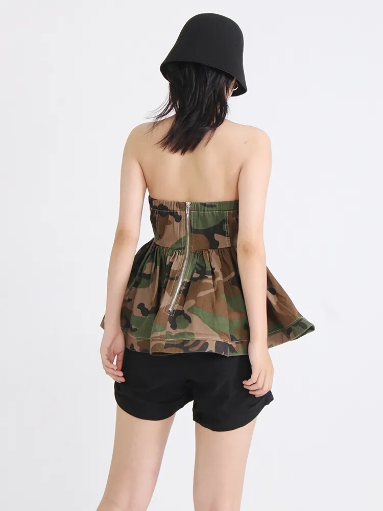 Camouflage Casual Vests For Women Starpless Sleeveless Patchwork Folds Vintage Elegant Tank Tops Female Fashion