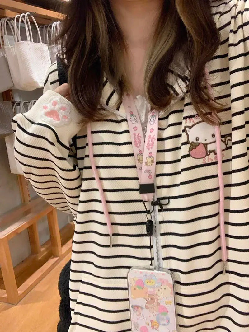 Streetwear Hoodies Women's Clothing Cute Cat Embroidered Ear Hooded Sweatshirts Coat 2024 Ropa Mujer Casual Fashion Y2k Hoodie